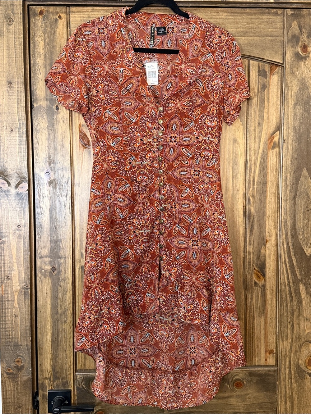 Button-Front Rust Paisley High-Low Dress